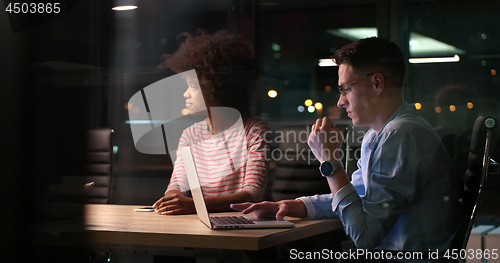 Image of Multiethnic startup business team in night office