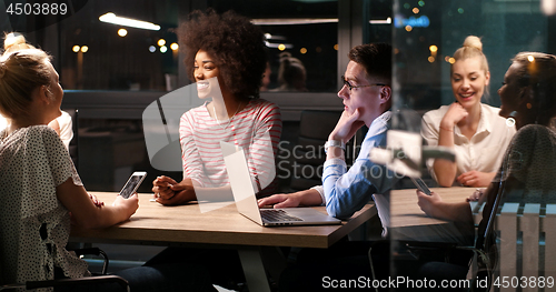 Image of Multiethnic startup business team in night office