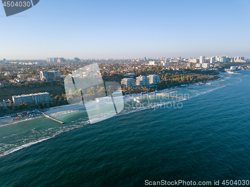 Image of Panoramic bird\'s eye arial view from drone the coastline of a developed city Odesa, Ukraine. Copy space.
