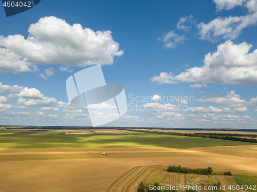 Image of Panoramic landscape with endless farmlands and white big clouds in a blue sky in a summer day. Aerial view from drone.