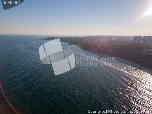 Image of Aerial view from drone marine cityscape of town Odesa, Ukraine on a background of clear blue sky in a sunny day. Copy space.