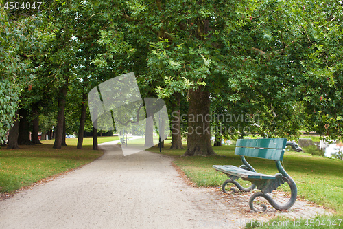 Image of Wooden park bench under oak trees