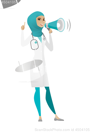 Image of Muslim doctor talking into loudspeaker.