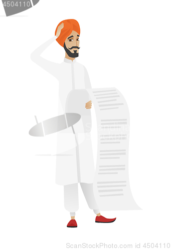 Image of Hindu accountant holding a long bill.