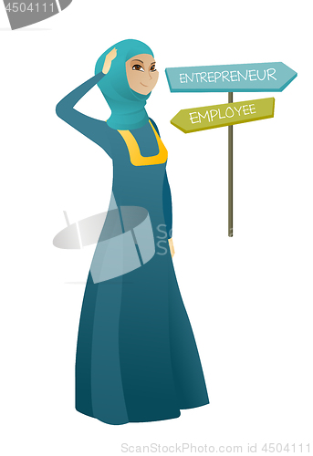 Image of Confused muslim woman choosing career pathway.