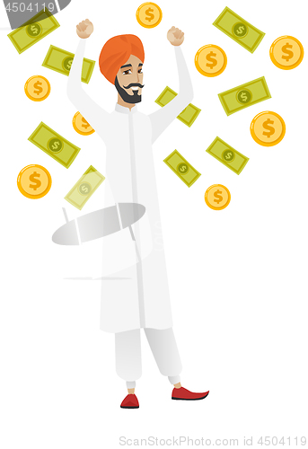 Image of Happy busiess woman under money rain.