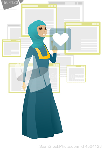 Image of Business woman pressing web button with heart.