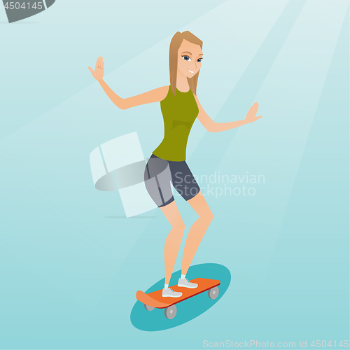 Image of Young caucasian woman riding skateboard.