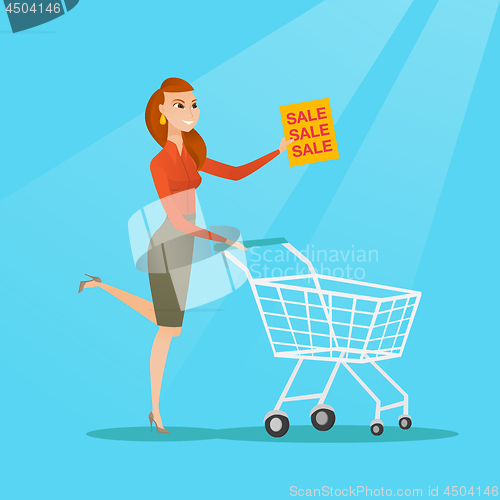 Image of Woman running in a hurry to the store on sale.