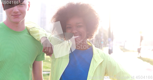 Image of Portrait of multiethnic group of young people on the jogging
