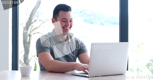 Image of businessman working using a laptop in startup office