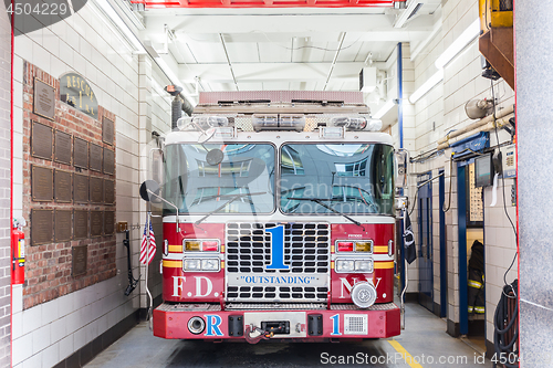 Image of New York fire department trucks parked in fire station on 18th of May, 2018 in New York City, USA.