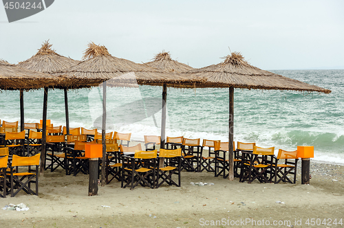 Image of Empty beach outdoor cafe in Leptokaria, Macedonia, Greece