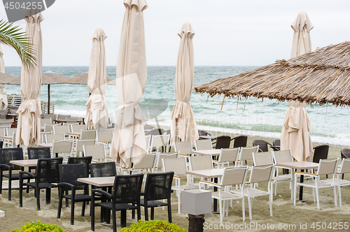 Image of Empty beach outdoor cafe in Leptokaria, Macedonia, Greece