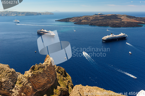 Image of View from Fira village to caldera sea at Santorini island, Greece