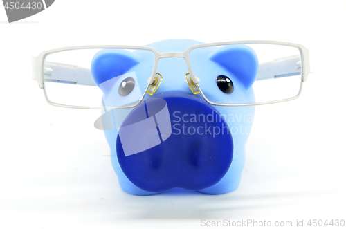 Image of Blue piggy bank with glasses