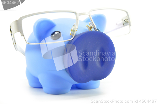 Image of Blue piggy bank with glasses