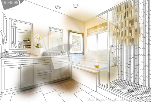 Image of Custom Master Bathroom Design Drawing With Brush Stroke Revealin