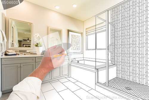 Image of Hand Drawing Custom Master Bathroom with Cross Section of Finish