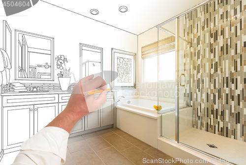 Image of Hand Drawing Custom Master Bathroom with Cross Section of Finish