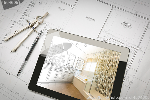Image of Computer Tablet with Master Bathroom Design Over House Plans, Pe