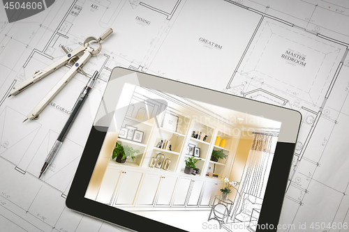 Image of Computer Tablet with Finished Built-in Shelves and Cabinets Over