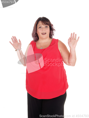 Image of Surprised woman with hands raised