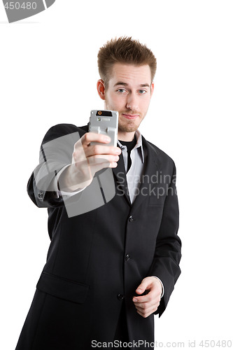 Image of Caucasian businessman with camera phone