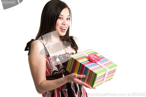 Image of Asian woman holding a gift box