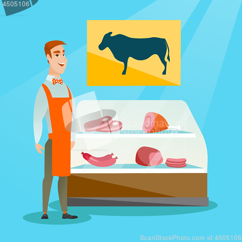 Image of Butcher offering fresh meat in the butcher shop.