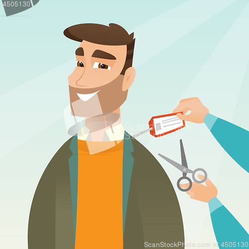 Image of Caucasian man cutting price tag off new jacket.