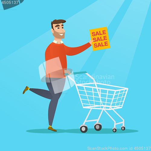 Image of Man running in a hurry to the store on sale.