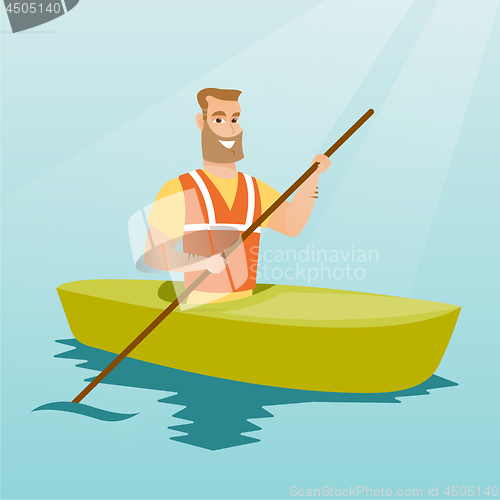 Image of Young caucasian man travelling by kayak.