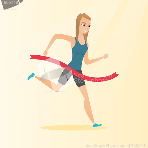 Image of Young caucasian sportswoman crossing finish line.