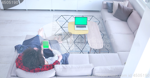 Image of Young couple on the sofa watching television