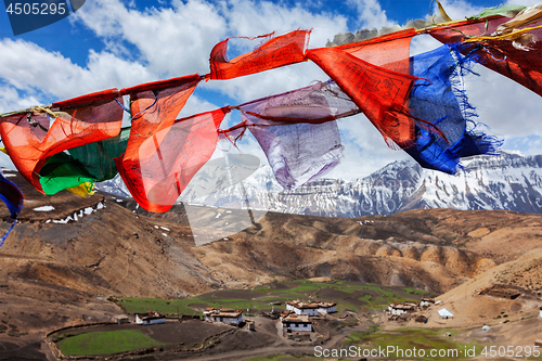 Image of Buddhist flags in sky