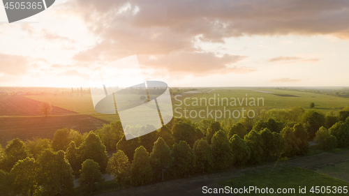 Image of Aerial view from the drone, a bird\'s eye view of abstract geometric forms of abandoned runway, forests and agricultural fields in the summer evening at sunset.