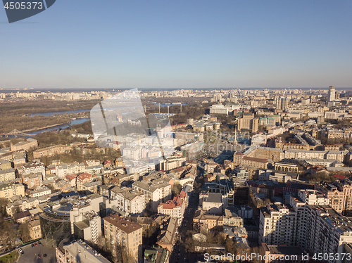 Image of Aerial view of the city center of Kiev and Hydropark against the blue sky on a sunny day