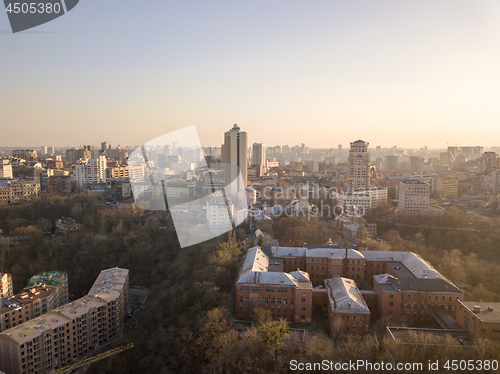 Image of Panoramic aerial view from the drone, a view of the bird\'s eye view of the the central historical part of the city of Kiev, Ukraine, with old buildings of the city.