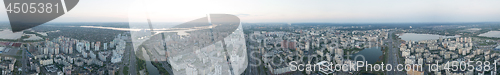 Image of A bird\'s eye view, aerial panoramic view from drone to the Darnyts\'kyi district of Kiev, Ukraine and the left bank of Dnieper.
