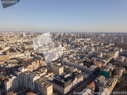 Image of City landscape of Kiev with modern and old houses roads with cars, Ukraine. Drone photography