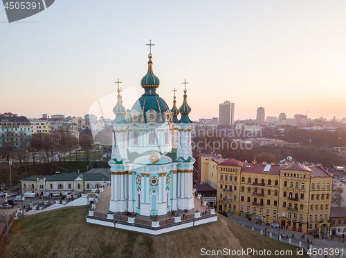 Image of aerial view of Podol and St Andrew\'s Church on the sunset in Kiev city