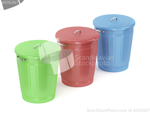 Image of Green, red and blue trash cans