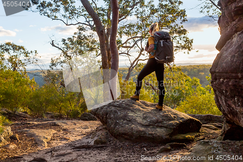 Image of Female bushwalker with backpack walking in Australian bushland