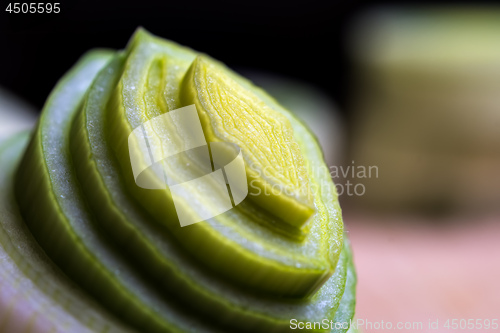 Image of Closeup of fresh leek slices