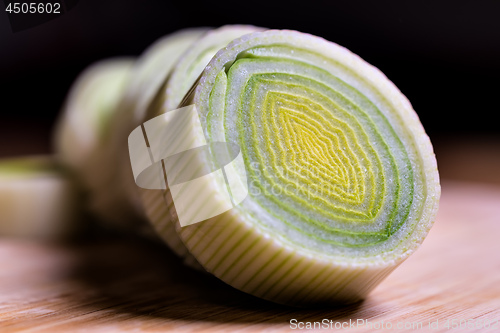 Image of Closeup of fresh leek slices