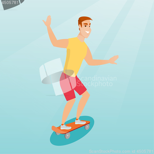 Image of Young caucasian man riding skateboard.