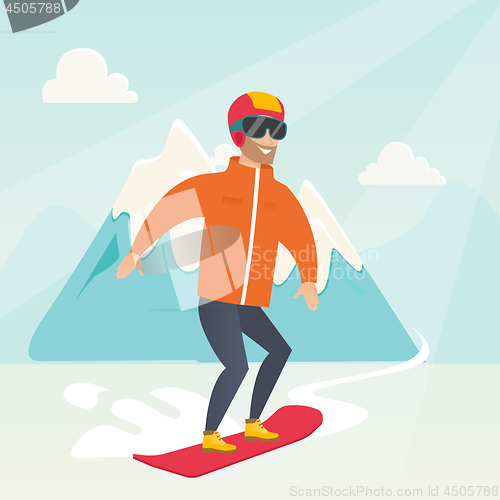 Image of Young caucasian man snowboarding.