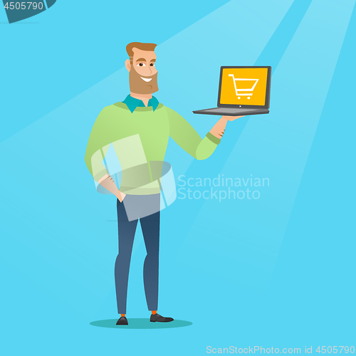 Image of Man holding laptop with trolley on a screen.