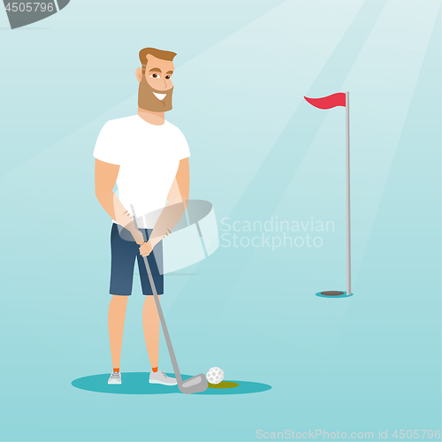 Image of Young caucasian golfer hitting a ball.
